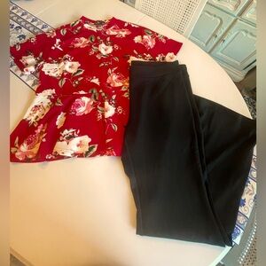 Women’s Peplum Top and Black Flare Pants. Great early fall outfit for busy mom!